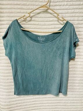 Washed Teal Scoop Neck Crop Top - Casual Short Sleeve